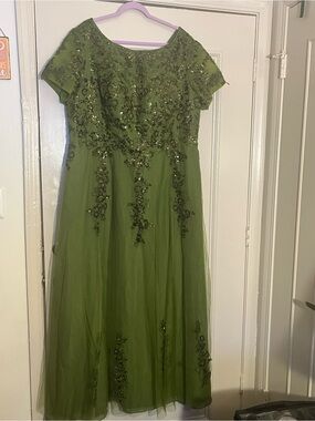 Olive Green Beaded Tulle Evening Gown